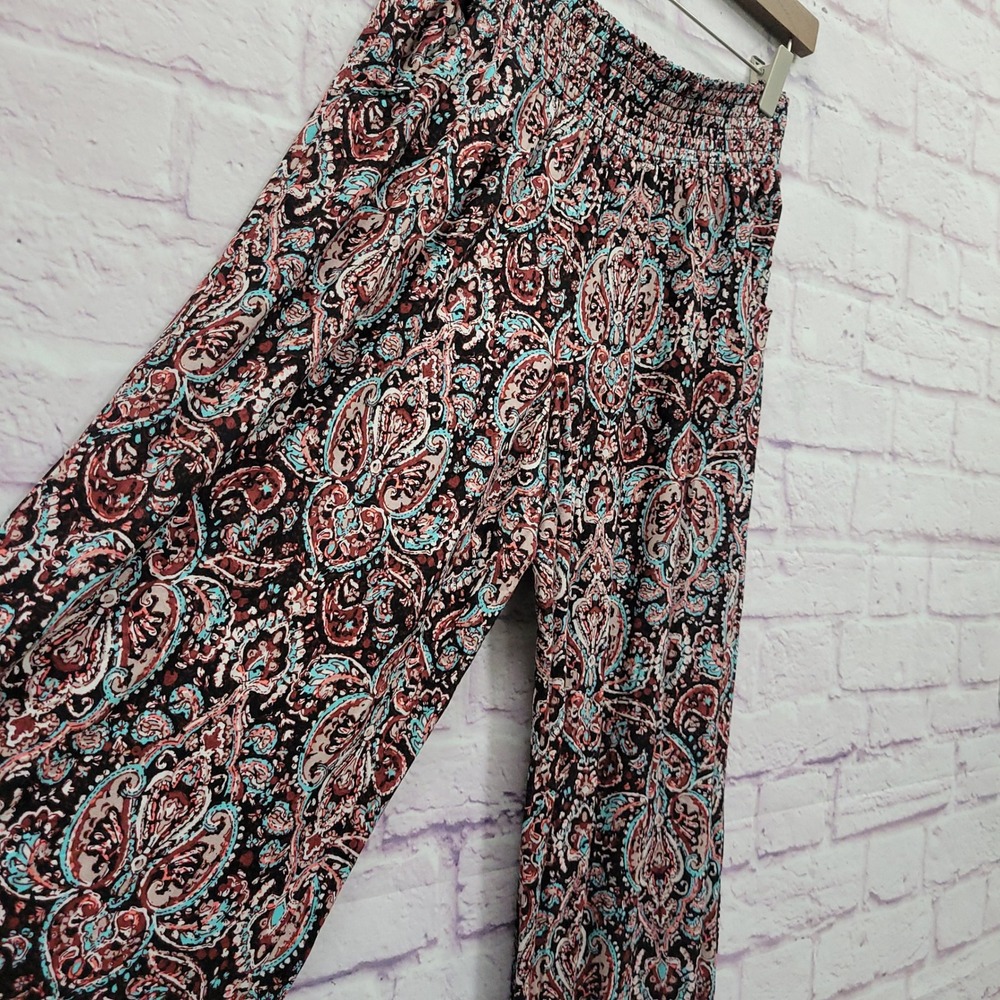 Mossimo Supply Co Boho Paisley Wide Leg Pants L Smocked Waist Stretch Hippie Y2K - Picture 4 of 9